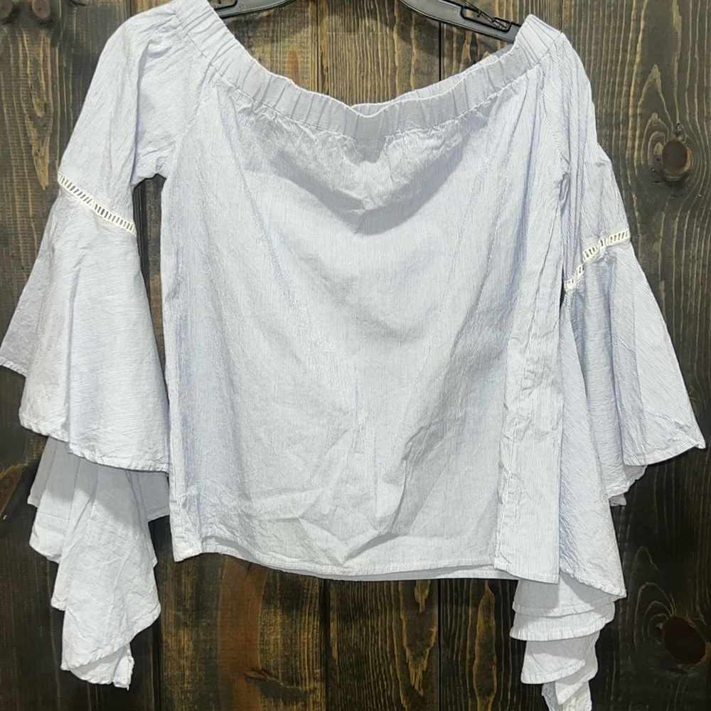 Harlowe & Graham Stripe Chambray Off Shoulder Top S Blue Boho Bell Ruffle Eyelet